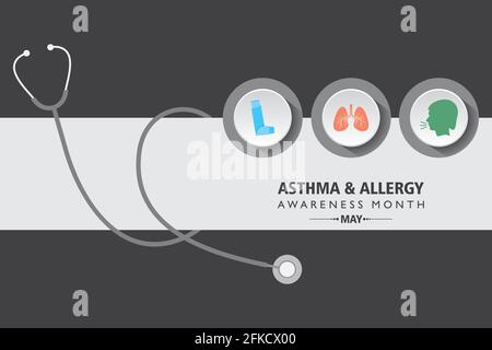 Illustration vectorielle du mois de sensibilisation à l'asthme et aux allergies observée chaque année en mai. Les personnes peuvent avoir de l'asthme allergique si elles ont de la difficulté à respirer du Illustration de Vecteur