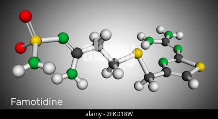 Famotidine, molécule. Il est utilisé pour le traitement de l'ulcère peptique, des brûlures d'estomac, de la maladie de reflux gastro-oesophagien. Modèle moléculaire. Rendu 3D. Malade Banque D'Images