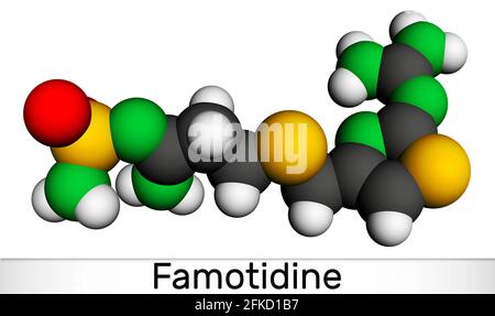 Famotidine, molécule. Il est utilisé pour le traitement de l'ulcère peptique, des brûlures d'estomac, de la maladie de reflux gastro-oesophagien. Modèle moléculaire. Rendu 3D. Malade Banque D'Images