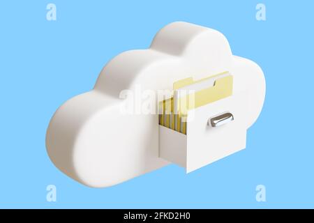 Nuage de dessins animés avec tiroir plein de dossiers avec des fichiers isolés sur fond bleu. illustration 3d. Banque D'Images