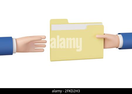 Des mains de dessin animé partageant un dossier avec des fichiers isolés sur fond blanc. illustration 3d. Banque D'Images
