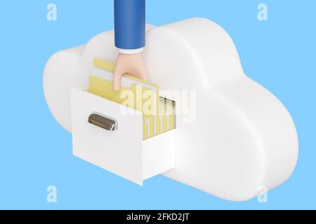 Dossier de mise à la main de dessin animé avec des fichiers dans un tiroir de nuage isolé sur fond bleu. illustration 3d. Banque D'Images
