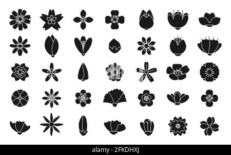 Ensemble d'icônes de fleurs silhouettes noires. Modèle simple fleur de ressort. Élément nature du signe, symboles pour le logo de la boutique florale, jolis autocollants, étiquettes ou papier cadeau. Isolé sur une illustration vectorielle blanche Illustration de Vecteur