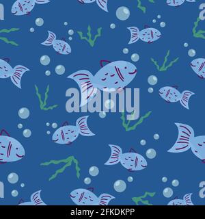 Motif aquatique sans couture avec poissons dessinés à la main et peu d'algues sur un fond bleu foncé. Illustration vectorielle numérique plate Illustration de Vecteur