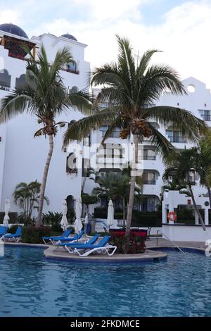 Vue verticale de la piscine de luxe avec chaises longues et palmiers à Los Cabos, Mexique Banque D'Images