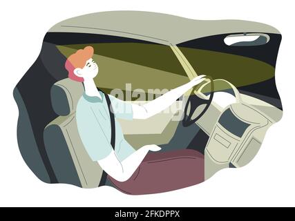 Personnage masculin conduisant la voiture tard à la nuit vecteur Illustration de Vecteur