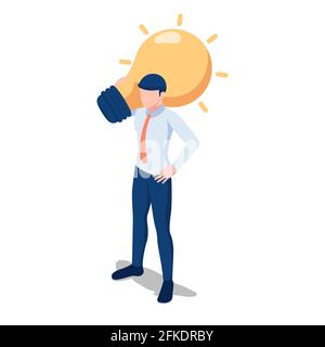 Homme d'affaires Isométrique 3D plat portant une ampoule d'idée sur son épaule. Concept de solution et d'idée métier. Illustration de Vecteur