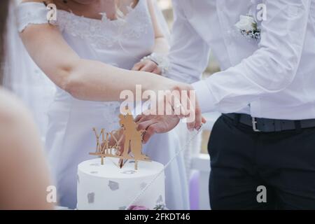 Mariée et marié coupant l'élégant gâteau de mariage Banque D'Images