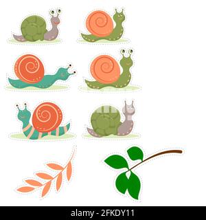 Set stickers mignon escargot dessin animé, isolé sur fond blanc. Illustration vectorielle plate. Illustration de Vecteur