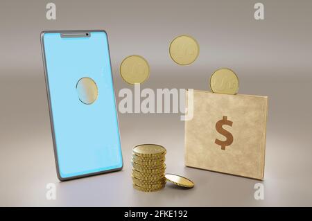 illustration 3d. Transfert d'argent en ligne, paiements mobiles . Concept avec smartphone et portefeuille , peut être utilisé pour la page d'arrivée, le modèle, l'interface utilisateur, le Web, l'application mobile Banque D'Images