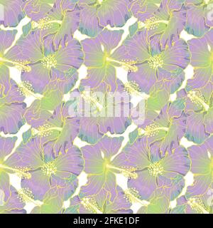 Motif sans couture avec fleurs, bourgeons et feuilles d'hibiscus aux couleurs pastel et aux contours jaunes. Sur fond blanc Illustration de Vecteur