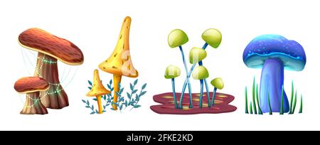 Collection de champignons magiques fantaisie de style dessin animé vectoriel, isolés sur fond blanc. Pour le Web, les jeux vidéo, l'interface utilisateur, l'impression de conception. Illustration de Vecteur