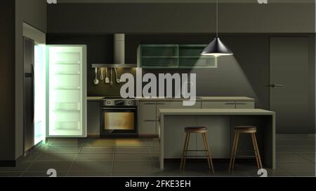 cuisine moderne réaliste intérieur dans la soirée avec réfrigérateur ouvert avec lumière avec ustensiles, four avec lumière, armoires et clayettes avec tabourets de bar et Illustration de Vecteur