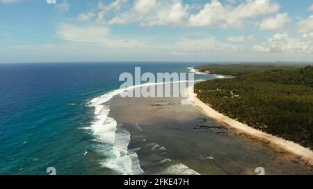 Seascape avec la côte de l'île tropicale couverte de forêt et de palmiers contre le ciel bleu et l'eau. Siargao,Philippines Banque D'Images