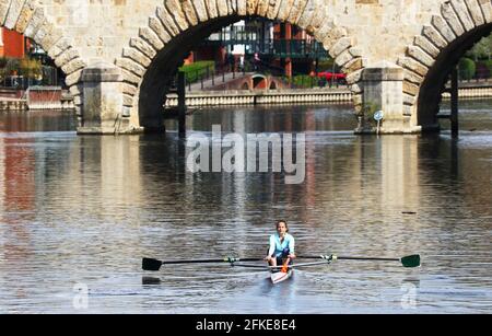 Un rameur se dirige vers le pont Maidenhead le long de la Tamise, Maidenhead, Berkshire. Date de la photo: Samedi 1er mai 2021. Banque D'Images