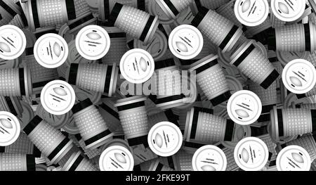 Beaucoup de tasses pour les boissons chaudes. Un tas de gobelets jetables en carton noir et blanc pour boissons chaudes. Illustration 3D Banque D'Images
