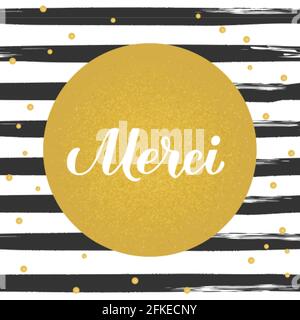 Merci calligraphie lettrage à la main en français sur fond noir et blanc de bandes de trait de pinceau. Modèle vectoriel pour carte de remerciement de mariage Illustration de Vecteur