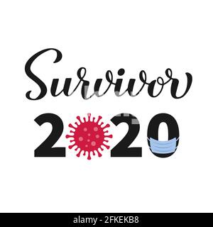 Survivante 2020 calligraphie lettrage à la main avec papier toilette et masque de protection. Citation drôle de quarantaine. Bannière vecteur du coronavirus COVID-19, affiche, po Illustration de Vecteur