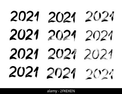 2021 nombres dessinés à la main avec un pinceau isolé sur blanc. Ensemble vectoriel de 12 figurines texturées manuscrites pour le nouvel an ou les fêtes de fin d'année. Calligraphie de grunge Illustration de Vecteur