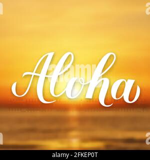 Lettres calligraphiques Aloha sur fond lumineux avec coucher de soleil sur la mer. Bannière des vacances d'été. Expression hawaïenne écrite à la main Bonjour. Vecteur Illustration de Vecteur