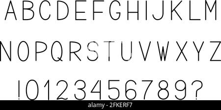 Alphabet vectoriel minimaliste. Lettres A-Z, chiffres 0-9 et ponctuations isolées sur blanc. Police sans serif. Majuscules latines. Faible capital étroit Illustration de Vecteur