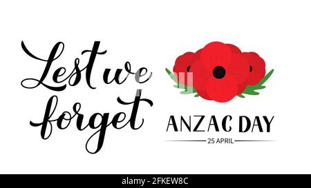 Anzac Day Lest nous oublions calligraphie lettrage à la main isolé sur blanc. Symbole de fleurs de pavot rouge du jour du souvenir. Modèle vectoriel pour carte de vœux, Illustration de Vecteur