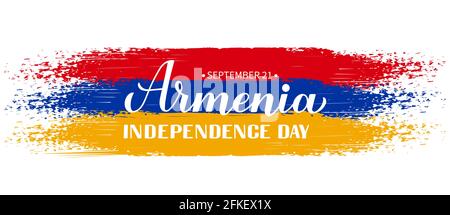 Arménie jour de l'indépendance calligraphie lettrage à la main avec drapeau isolé sur blanc. Fête arménienne célébrée le 21 septembre. Modèle vectoriel pour typo Illustration de Vecteur