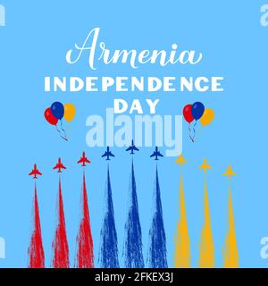 Arménie jour de l'indépendance calligraphie lettrage à la main avec avions et spectacle aérien. Fête arménienne célébrée le 21 septembre. Modèle vectoriel pour typo Illustration de Vecteur