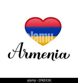 Arménie calligraphie lettrage à la main avec drapeau national arménien en forme de coeur isolé sur fond blanc. Modèle vectoriel pour affiche typographique, pos Illustration de Vecteur