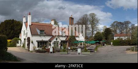 Vue sur l'ancienne et belle maison publique et le restaurant entouré d'arbres sans feuilles en hiver lors d'une matinée lumineuse à South Dalton, Yorkshire, Royaume-Uni. Banque D'Images