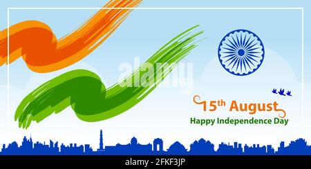Happy Independence Day Inde avec drapeau tricolore mise en page graphique vectorielle. Modèle du 15 août pour brochure, prospectus, poster, Web, presse écrite. Illustration de Vecteur