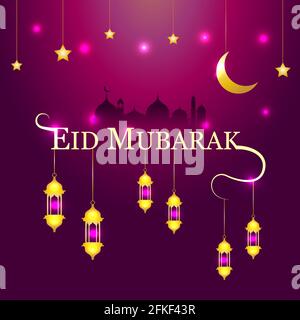 Carte de vœux de fête à motif Eid Mubarak avec lune et étoiles. Fond brillant doré avec lanterne et mosquée pour brochure, prospectus, affiche, site Web bann Illustration de Vecteur