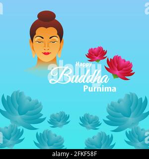 Joyeux Bouddha Purnima salutation avec typographie. Illustration paisible avec fleur de lotus. Magnifique design festif pour les sites Web et les médias sociaux. Illustration de Vecteur