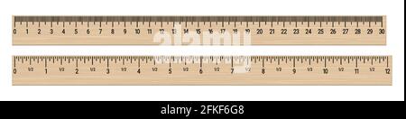 Règles de bois réalistes 30 centimètres et 12 pouces. Illustration vectorielle réaliste 3D isolée sur fond blanc. Illustration de Vecteur