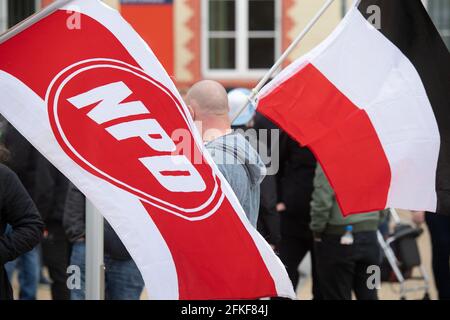 Greifswald, Allemagne. 1er mai 2021. Les partisans du NPD extrémiste de droite défilent dans le centre-ville de Greifswald avec des drapeaux ondulés. En outre, selon le district et la police, 14 vigils sont enregistrés. Credit: Stefan Sauer/dpa/Alay Live News Banque D'Images