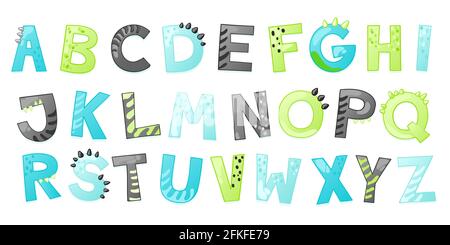 Joli dessin animé, alphabet dinosaure. Police Dino avec lettres. Illustration vectorielle pour enfants pour tee-shirts, cartes, affiches, fêtes d'anniversaire, conception papier, motif enfants et bébés Illustration de Vecteur