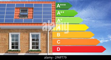Concept d'efficacité énergétique de la maison. Maison avec panneau solaire et efficacité énergétique. illustration 3d Banque D'Images