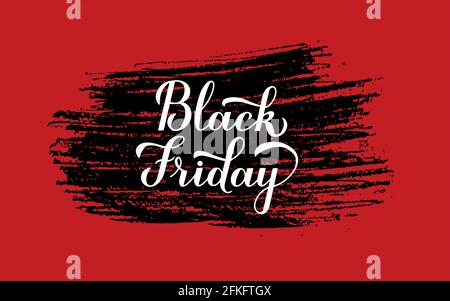 Lettre de la main calligraphie du vendredi noir avec trait de pinceau sur fond rouge. Affiche de magasinage saisonnière. Modèle vectoriel facile à modifier pour la conception de logo, adv Illustration de Vecteur