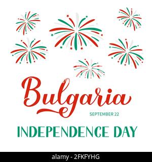 Affiche typographique du jour de l'indépendance de la Bulgarie avec feux d'artifice. Fête nationale bulgare le 22 septembre. Modèle vectoriel pour bannière, prospectus, Illustration de Vecteur