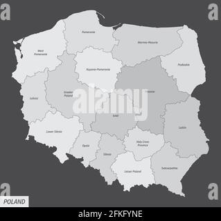 La carte de la Pologne est divisée en régions avec des étiquettes Illustration de Vecteur