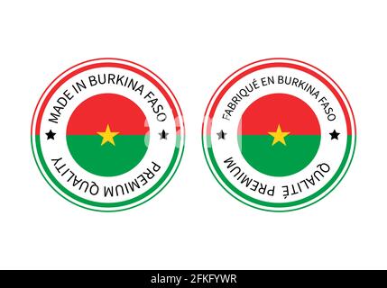 Fabriqué au Burkina Faso, les étiquettes rondes sont en anglais et en français. Icône de vecteur de repère de qualité. Parfait pour le logo, les étiquettes, les badges, l'emblème, le produit Illustration de Vecteur