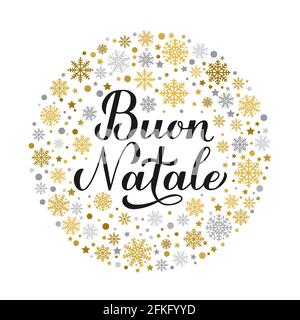 Calligraphie de Buon natale lettrage à la main avec flocons de neige d'or et d'argent, étoiles et points. Affiche typographique Joyeux Noël en italien. Modèle vectoriel Illustration de Vecteur