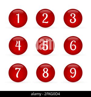 Jeu de boutons ronds brillants avec des chiffres compris entre 1 et 9. Boutons en verre rouge isolés sur du blanc. Badges numérotés icônes vectorielles. touches 3d pour les sites web et mobi Illustration de Vecteur