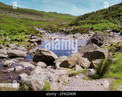 Image d'une petite rivière dans une vallée entre des pentes de montagne vertes. Banque D'Images