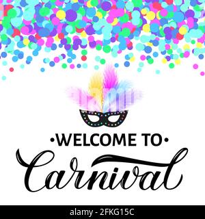 Bienvenue au lettrage Carnival avec confetti colorés. Affiche ou invitation de fête mascarade. Illustration vectorielle. Modèle facile à modifier pour le Brésil Illustration de Vecteur
