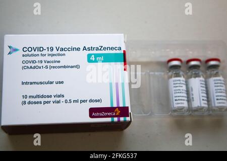 Londres, Royaume-Uni. 27 avril 2021. Le vaccin Covid-19 d'Oxford/AstraZeneca a été vu dans un centre de vaccination de Londres. (Photo de Dinendra Haria/SOPA Images/Sipa USA) crédit: SIPA USA/Alay Live News Banque D'Images