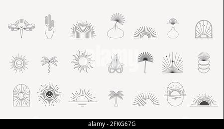 Logos, icônes et symboles linéaires de Bohême, soleil, palmiers, modèles de conception de paysages, éléments géométriques abstraits. Style boho moderne et minimaliste Illustration de Vecteur