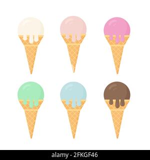 Ensemble de crèmes glacées colorées dans des gaufres. Six saveurs différentes. Illustration vectorielle des desserts d'été dans un style plat. De délicieuses friandises pour les enfants. Facile Illustration de Vecteur