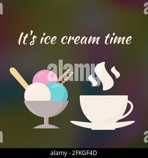 Crème glacée et tasse de café sur fond dégradé sombre et flou. Illustration vectorielle. Bannière pour le café et le restaurant. Modèle de conception facile à modifier pour Illustration de Vecteur