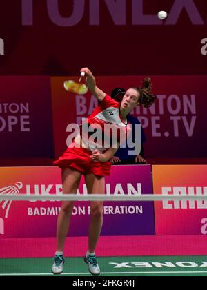 KIEV, UKRAINE - 1 MAI: Line Christophersen du Danemark participe à son match de célibataires Womens contre Kirsty Gilmour d'Écosse au cours du jour 5 des 2021 championnats européens de badminton au Palais des Sports le 1er mai 2021 à Kiev, Ukraine. (Photo par Okcsana Vasasilieva/Orange Pictures) Banque D'Images